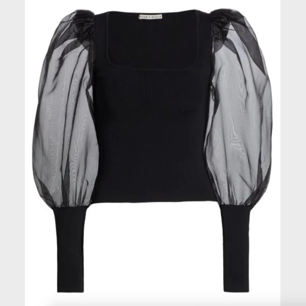 Alice + Olivia NWT Black Abella Sheer Puff-Sleeve Top - Size M - Picture 2 of 13